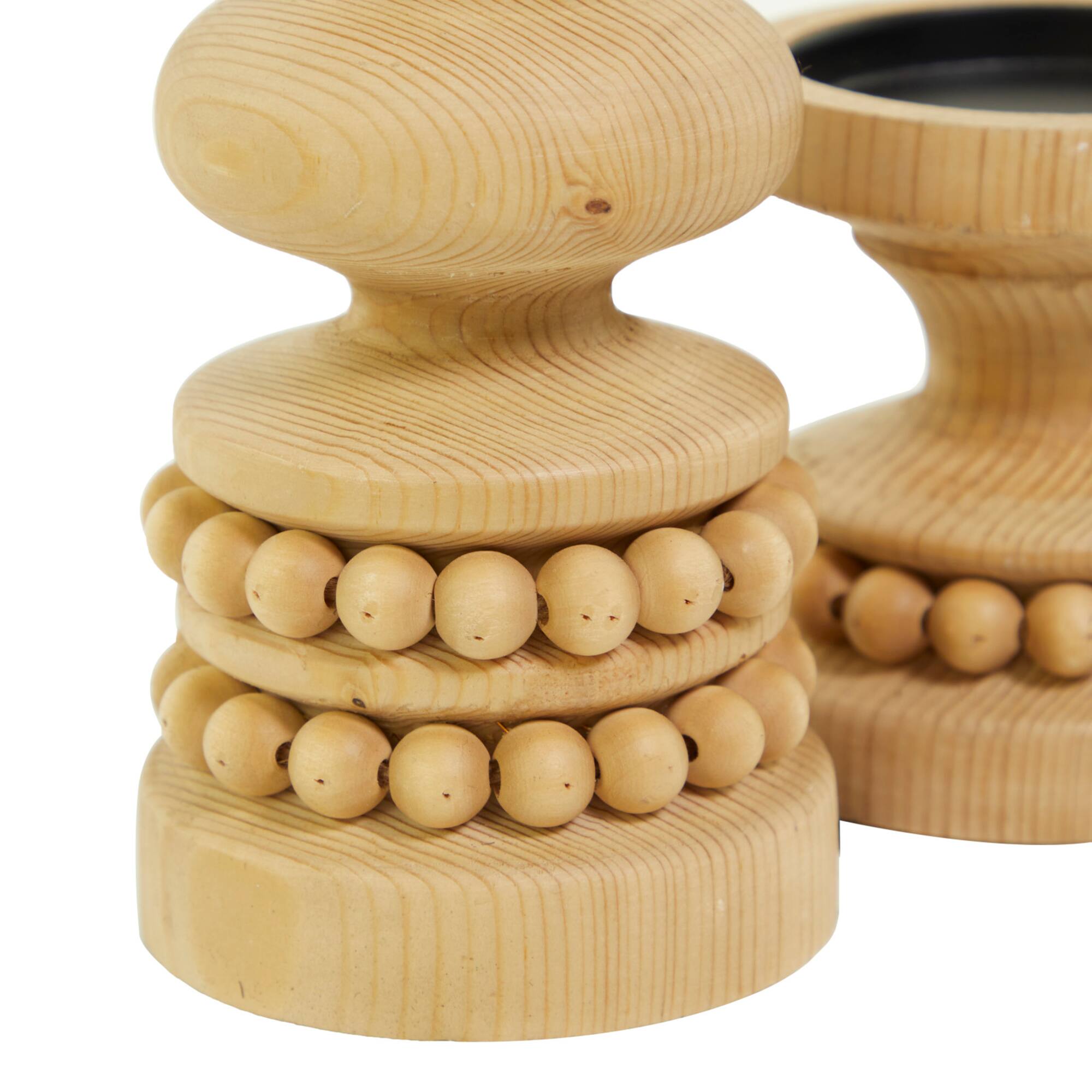Wood Beaded Pillar Candle Holder Set